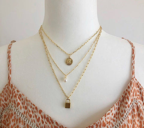3-Layer Gold Filled Necklace:  Pearl, St Christopher, Lock