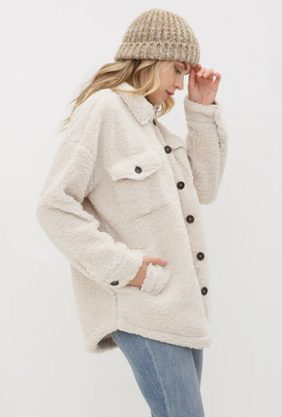 Teddy Sherpa Button Up Long Jacket with Rayon Jersey Lining