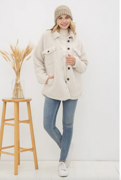 Teddy Sherpa Button Up Long Jacket with Rayon Jersey Lining