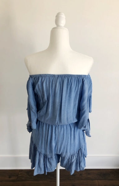 Blue Washed Off the Shoulder Romper with Bell Sleeves
