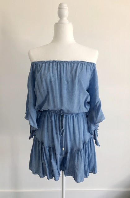 Blue Washed Off the Shoulder Romper with Bell Sleeves