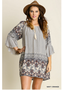 Umgee + USA - Border Print Dress with Front Tassle Tie