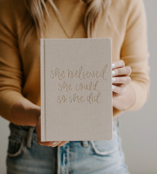 She Believed She Could Tan and Gold Foil Fabric Journal