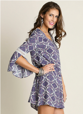 Umgee USA - Bell Sleeved Quatrefoil Print Dress