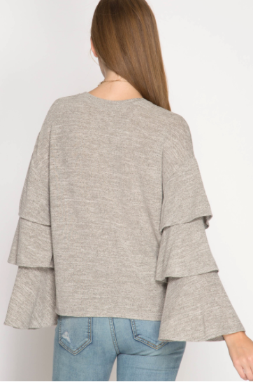 She & Sky Long Layered Bell Sleeve Two Tone Top
