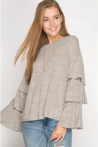 She & Sky Long Layered Bell Sleeve Two Tone Top
